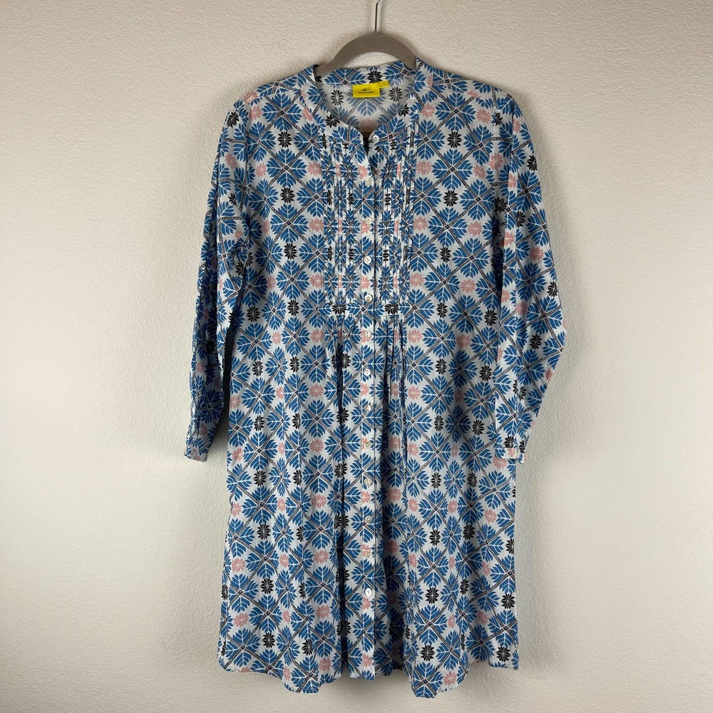 ROLLER RABBIT Blue Printed Button Down 3/4 Sleeve Dress Size L